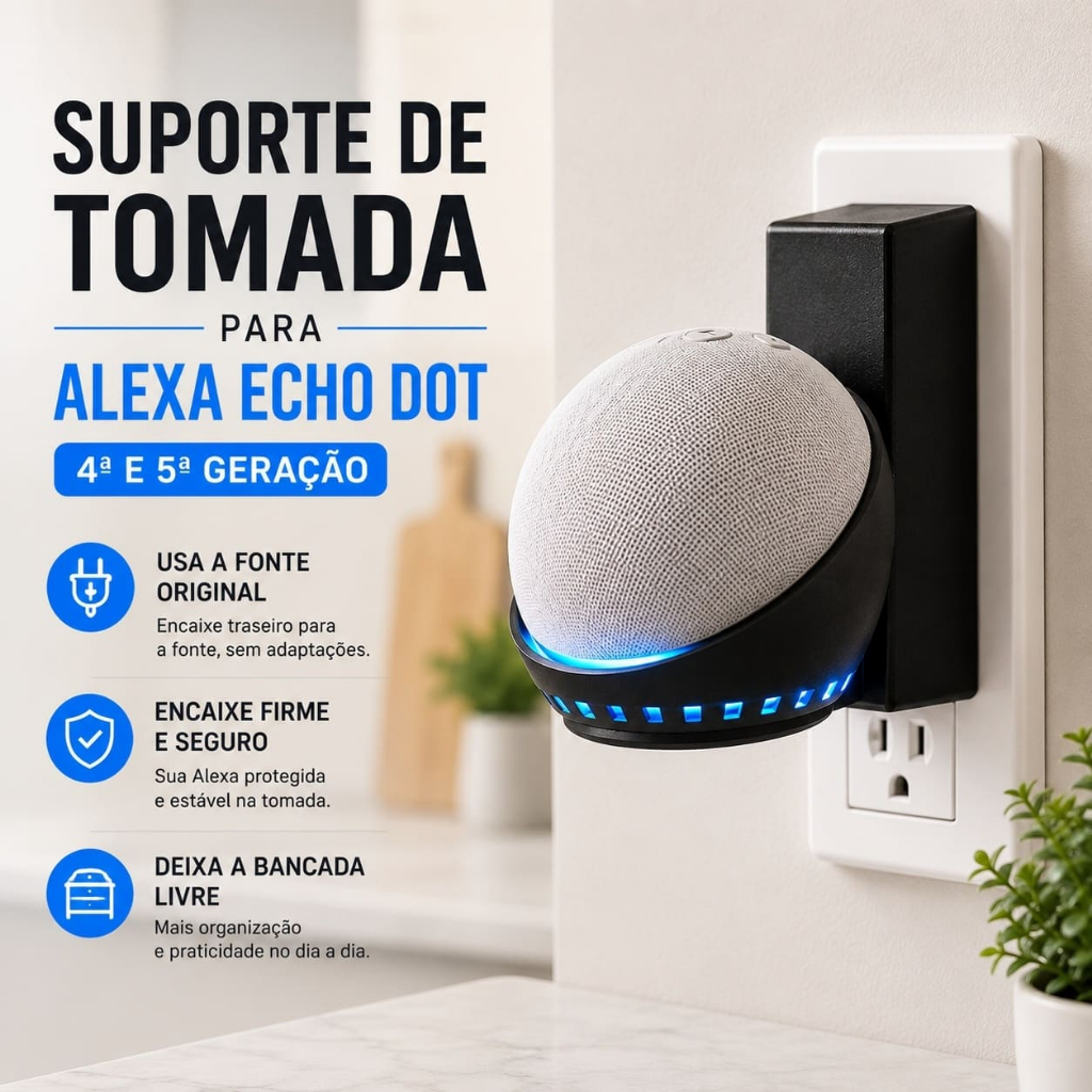 Suporte Tomada Alexa Echo Dot 4/5 Geração Organizador Stand Parede Moderno Amazon Decorativo Eco Som