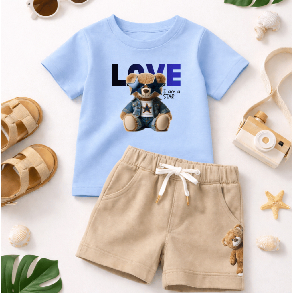 Conjunto Infantil de Verão para Meninos - Conjunto Ursinho Estiloso Lançamento - Camiseta 100% Algodão e Short Moletinho