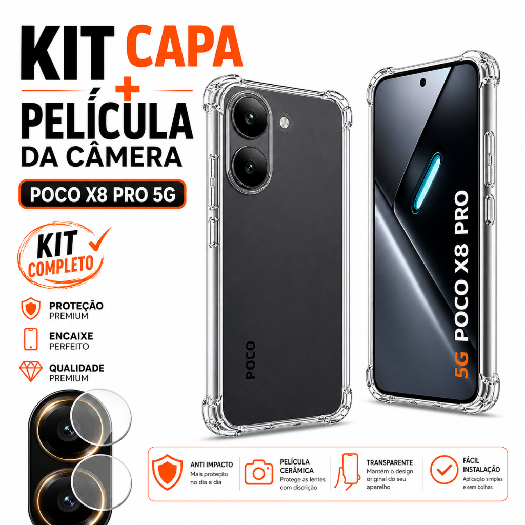 Kit Poco X8 Pro 5G Case Anti Impacto Transparente + Pelicula da Camera Ceramica Capa Capinha Premium