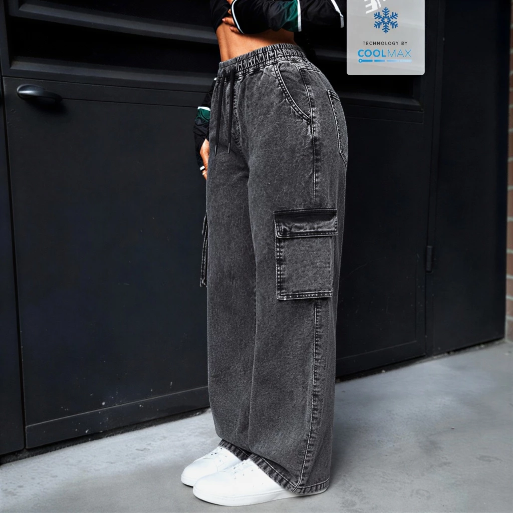 Calça Cargo Feminina Larga Wide Leg Casual Streetwear Cintura Alta Bolsos Cargo Cordão Ajustável Moda Feminina — imagem 1