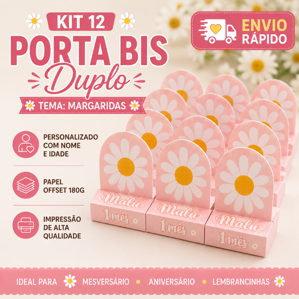Kit 12 Porta Bis Duplo Margaridas Personalizado com Nome e Idade | Lembrancinha Mesversário Aniversário Infantil