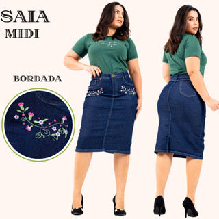 Saia Jeans Midi Evangelica Premium Com Bordado Com Flores Cintura Alta com Lycra  Na Cor Azul