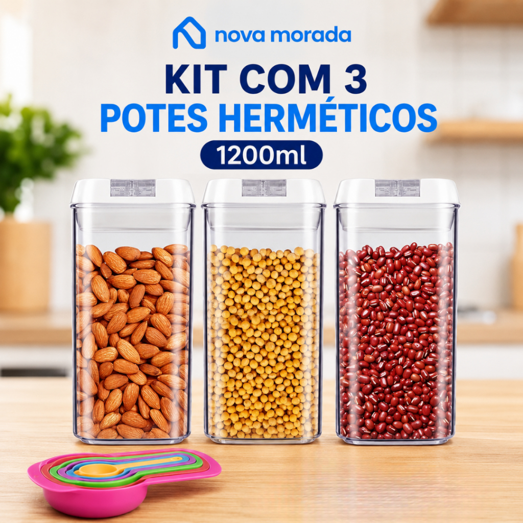 Kit 3 Potes Herméticos 1200ml para Mantimentos Organizador Cozinha Transparente com Etiquetas
