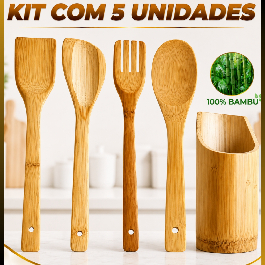 kit bambu utensilios para cozinha 5 peças com colher mais suporte ideal para sua casa