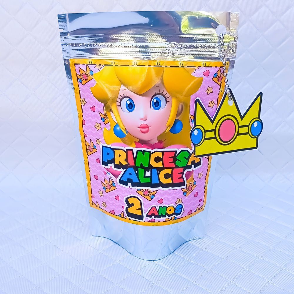 Saquinho Metalizado Zip Lock 10x15 ou 12x19 cm personalizado PRINCESA PEACH para lembrancinha aniversário festa infantil