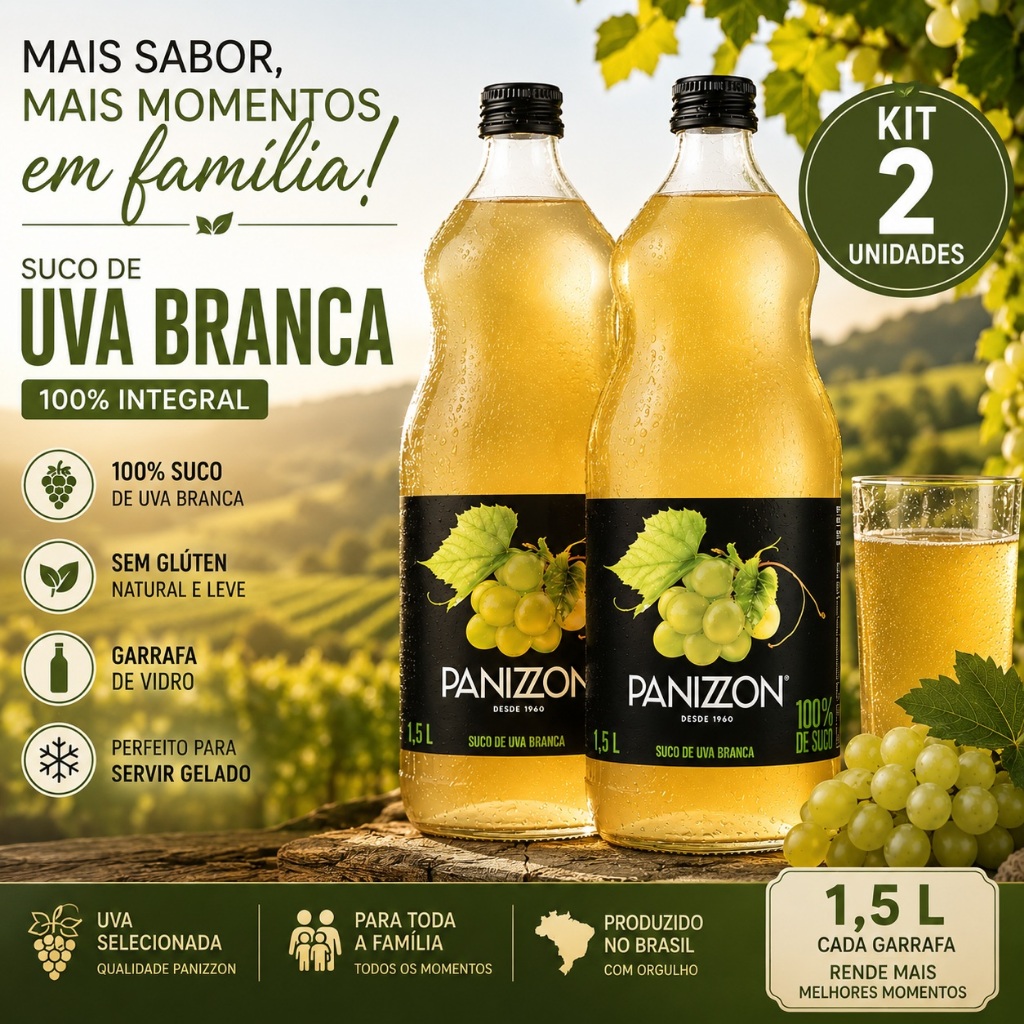 KIt 02 Suco Panizzon Uva Branca Integral 100% Garrafa 1,5L Vidro