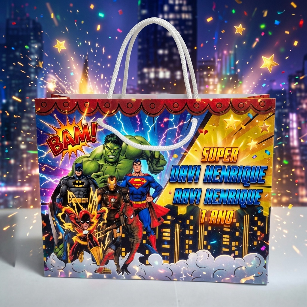 Sacolinha Personalizada Super-Heróis Pegue e Monte Desmontada Lembrancinha Festa Infantil Aniversário Personalizado