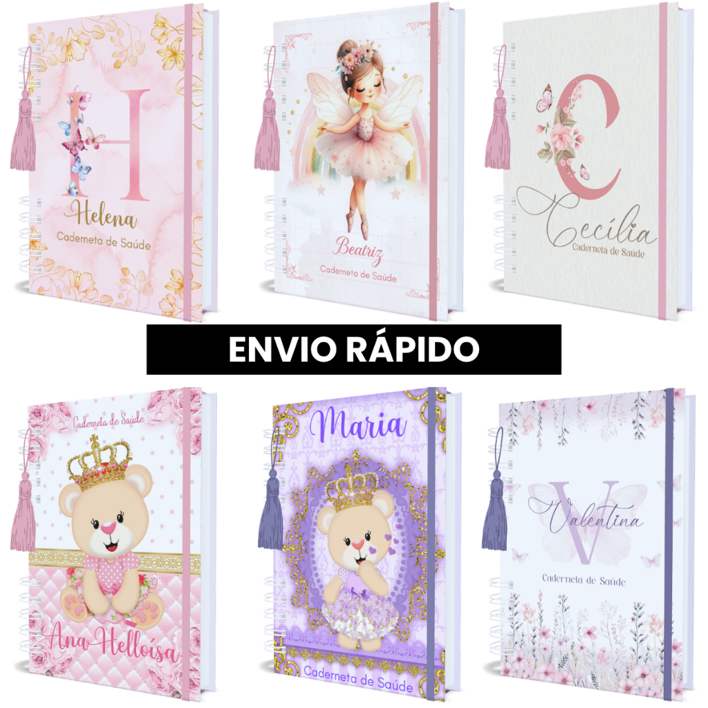 Caderneta de Vacinação Menina Personalizada Atualizada Capa Dura Vários Temas Modelos Alfabeto Nome