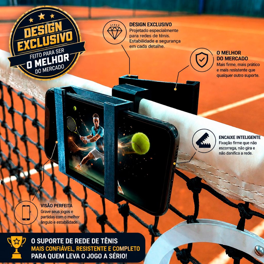 Suporte Celular Rede Tennis, Beach Tennis, Padel Ângulo Ajustável, Portátil, Compatibilidade Universal - DG SHOP