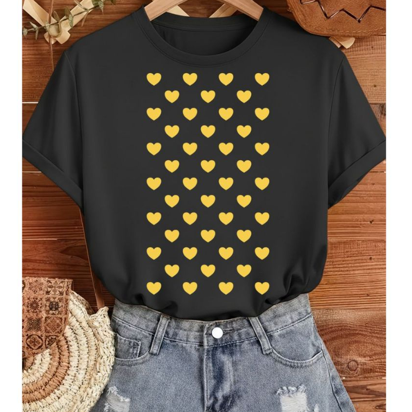 Camiseta blusa feminina estilosa descolada 100%algodão feminina confortavel animação coração amarelo
