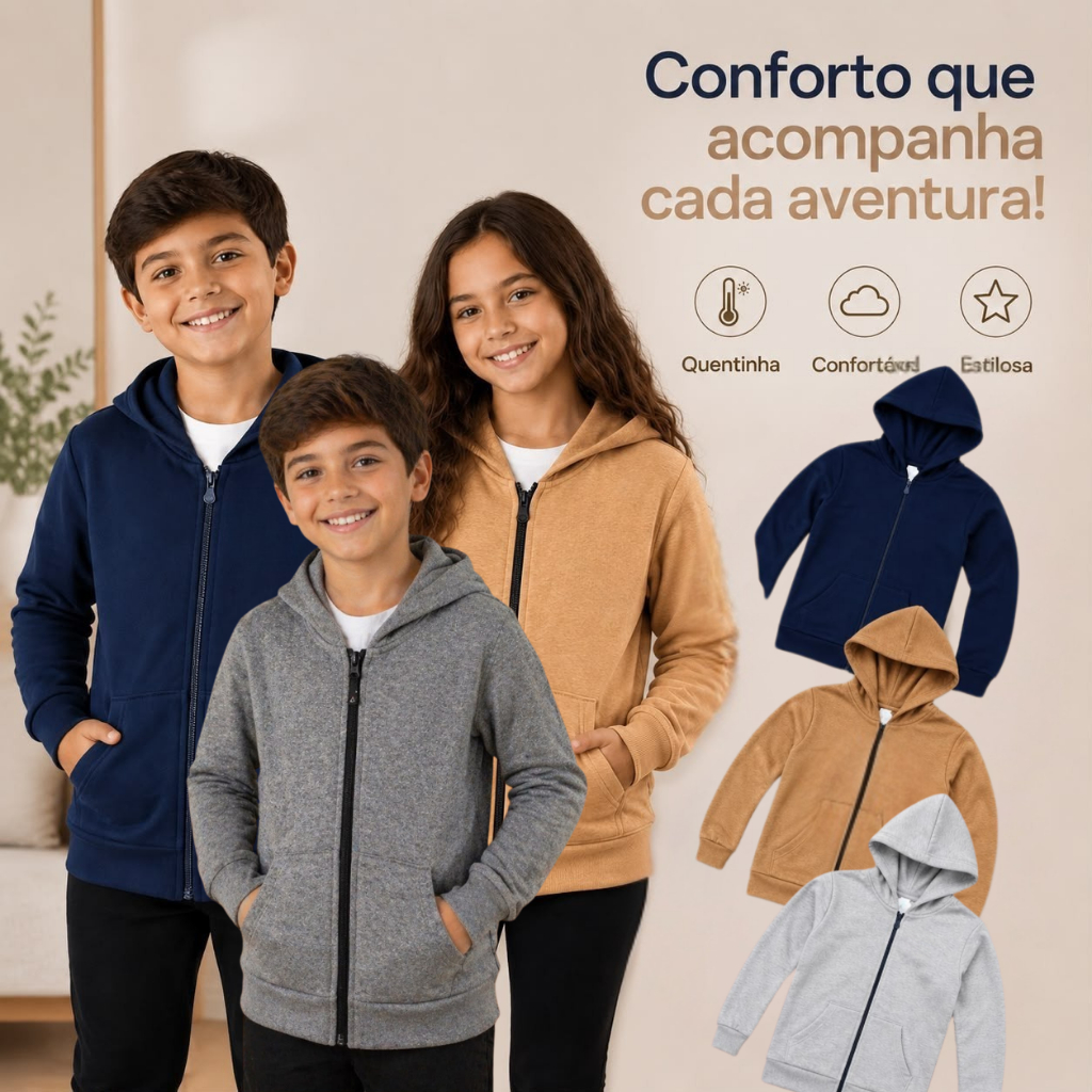 Jaqueta Moletom Flanelada Bolso Ziper Menino Menina