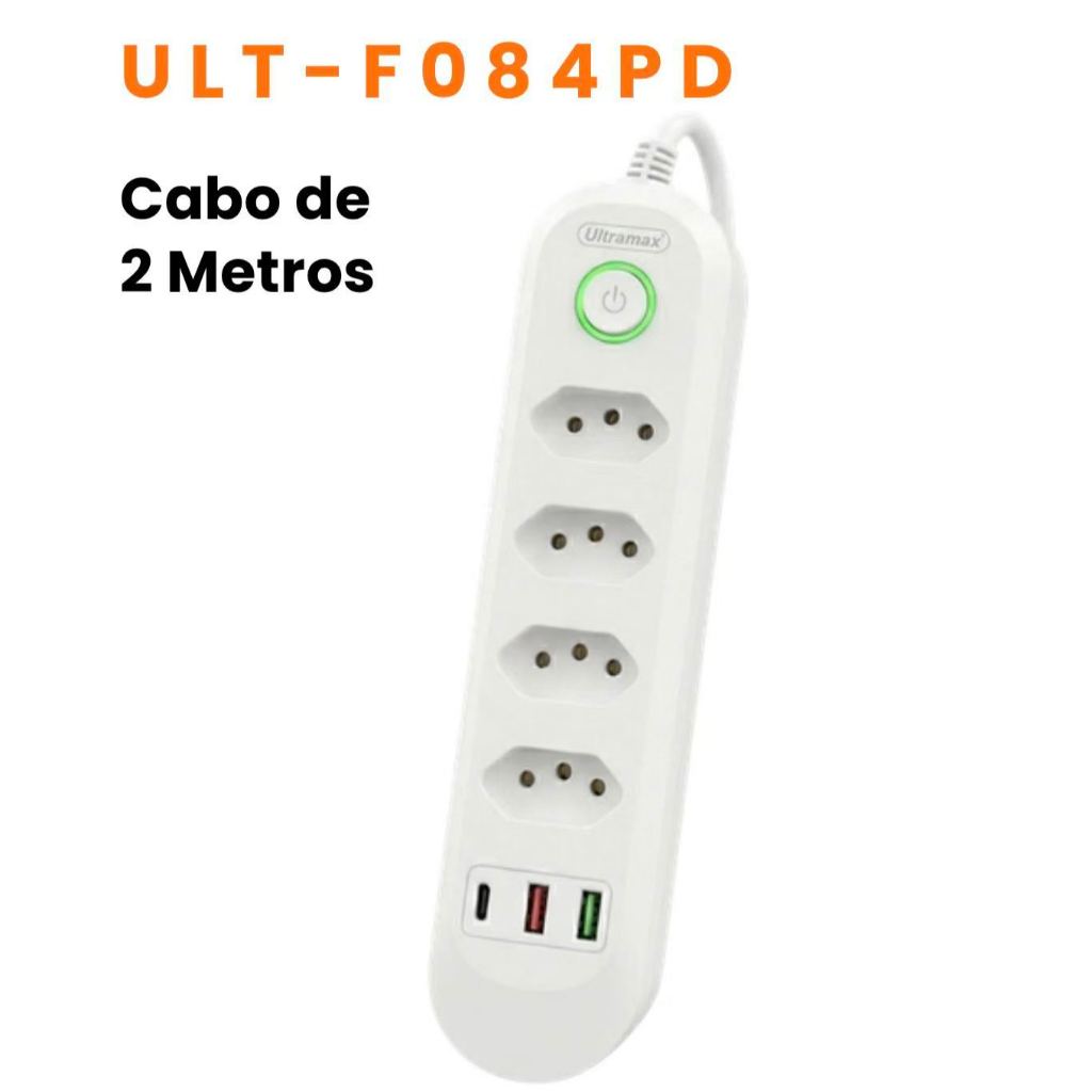 Filtro De Linha Régua De Tomada Extensão Elétrica 2 Metros 4 Tomadas Espaçadas, 2 Portas Usb E 1 Porta Usb-c, Adaptador