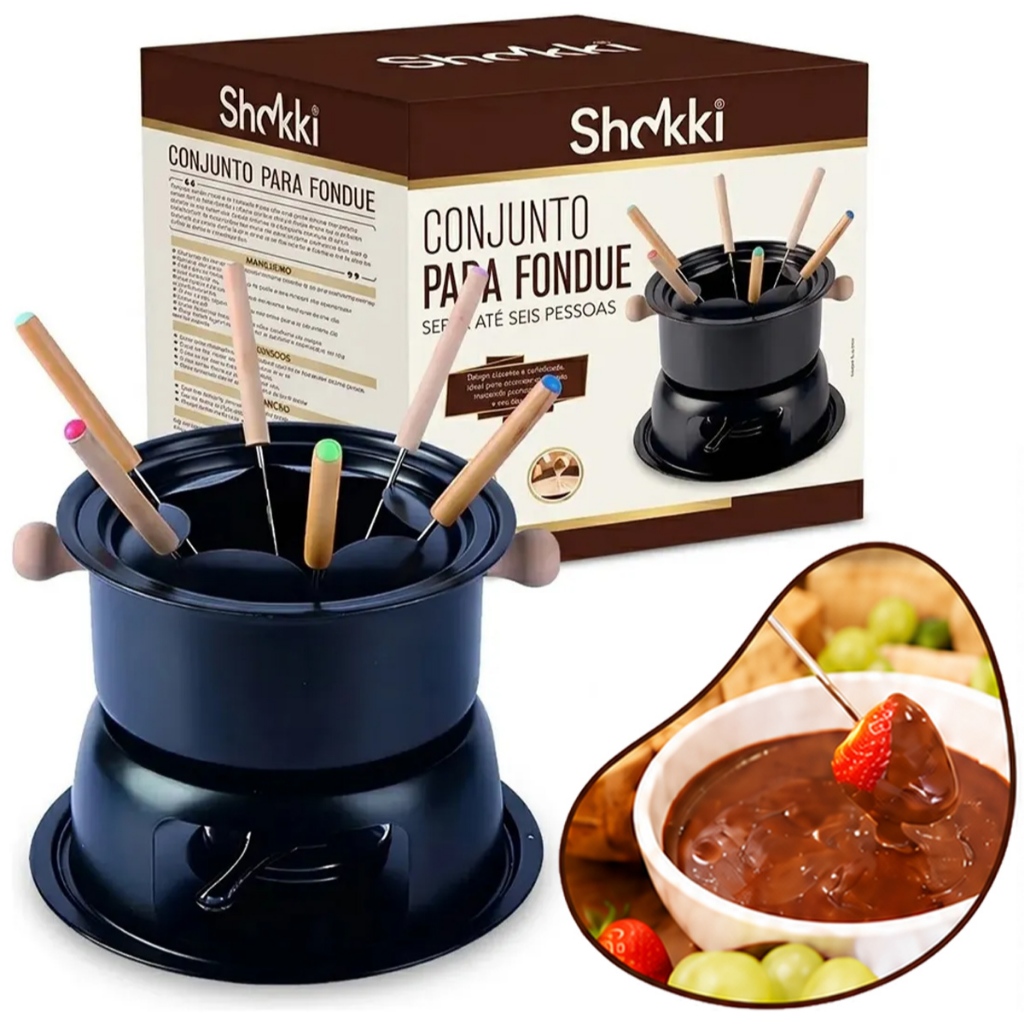 Kit De Fondue 11 Peças Preto Completo Para Queijo Chocolate E Carne Com Garfos Base Tippi