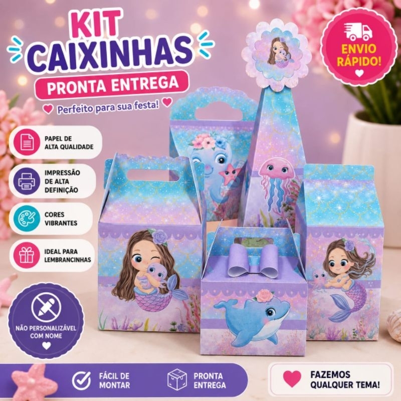 ENVIO RÁPIDO Kit Caixas Sereia Cute Lilas Festa Infantil Aniversario Lembrancinhas Personalizadas