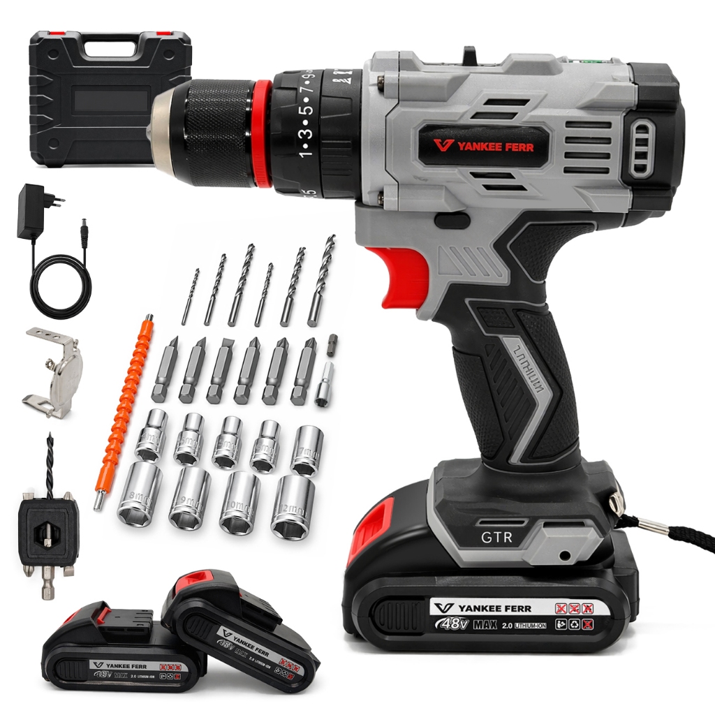 Kit 48V Parafusadeira Furadeira e Chave De Impacto 85 N.M Com 2 Baterias Completo Acessórios