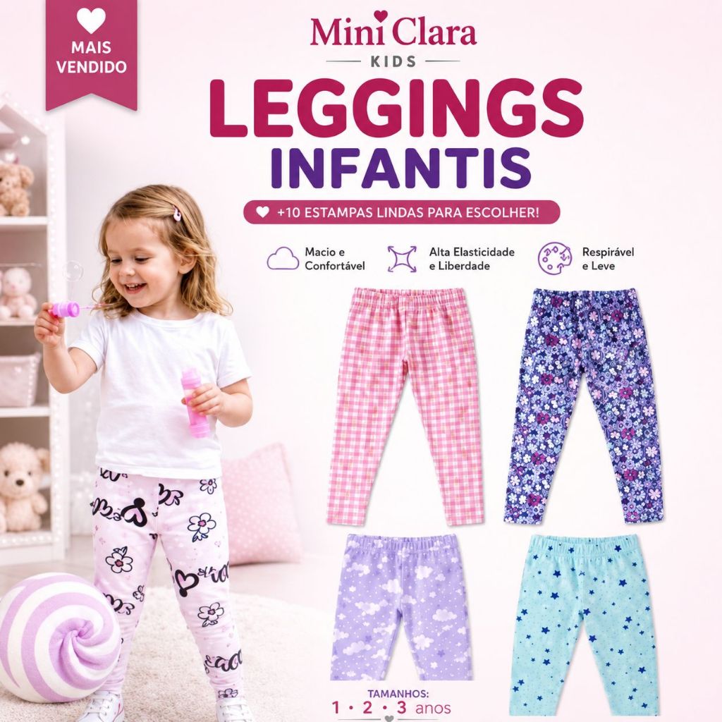 Legging Infantil Estampada - Menina – Cores Sortidas | Avulsa ou Kit 3 peças | Confortável e Estilosa