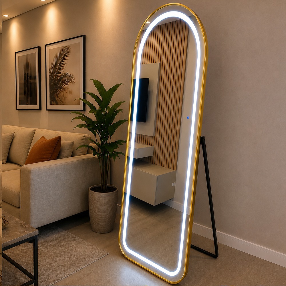 Espelho temperado Madri Base Reta 170X70 com Suporte de Chão + LED 3 Intensidades Jateado Quarto Sala — imagem 2 de 2