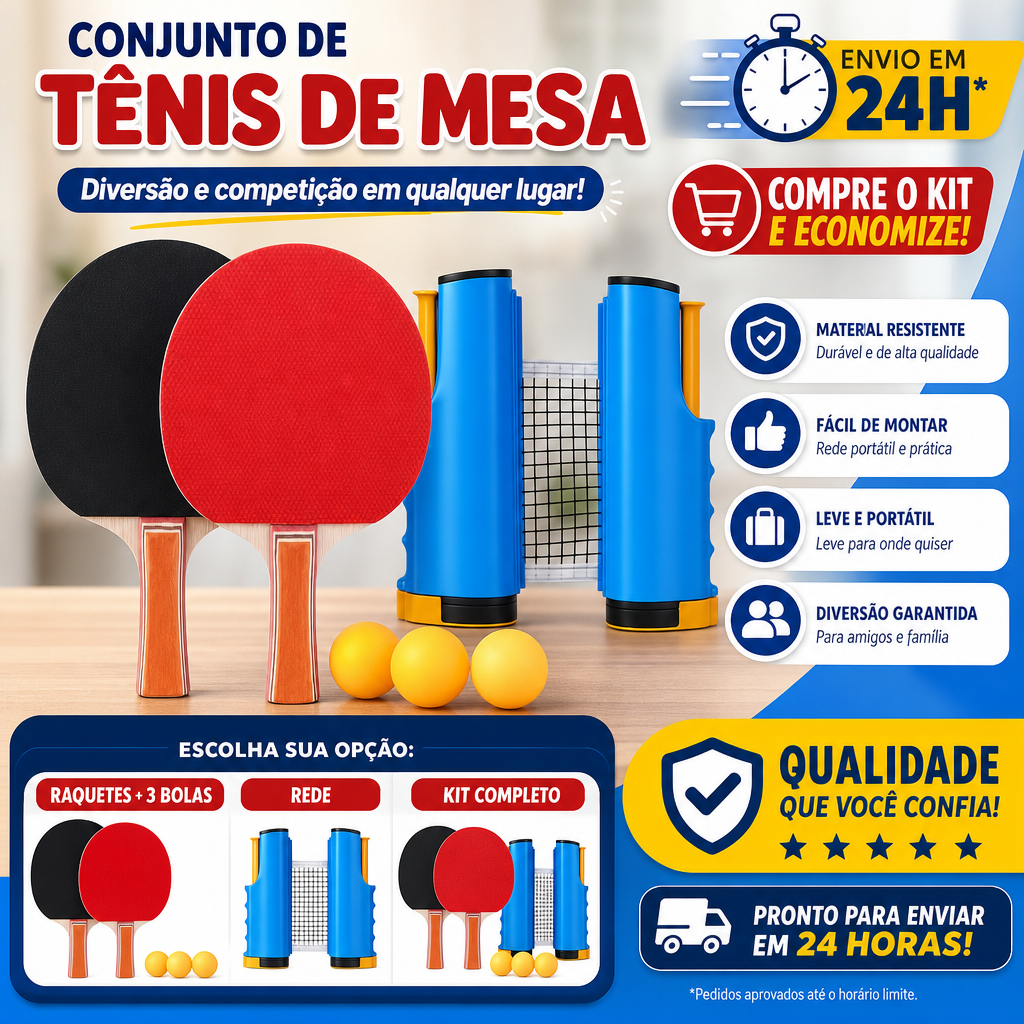 Kit Completo de Tênis de Mesa - Raquete, Rede e 3 Bolas
