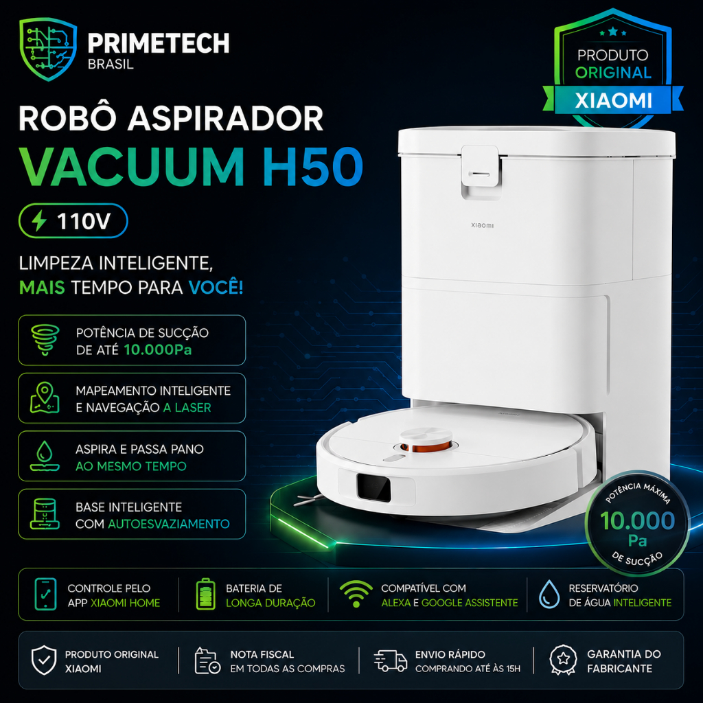 Robô Aspirador Xiaomi Robot Vacuum H50 10.000Pa Aspira e Passa Pano | Base Inteligente |Autoesvaziamento| 110/220V - NF
