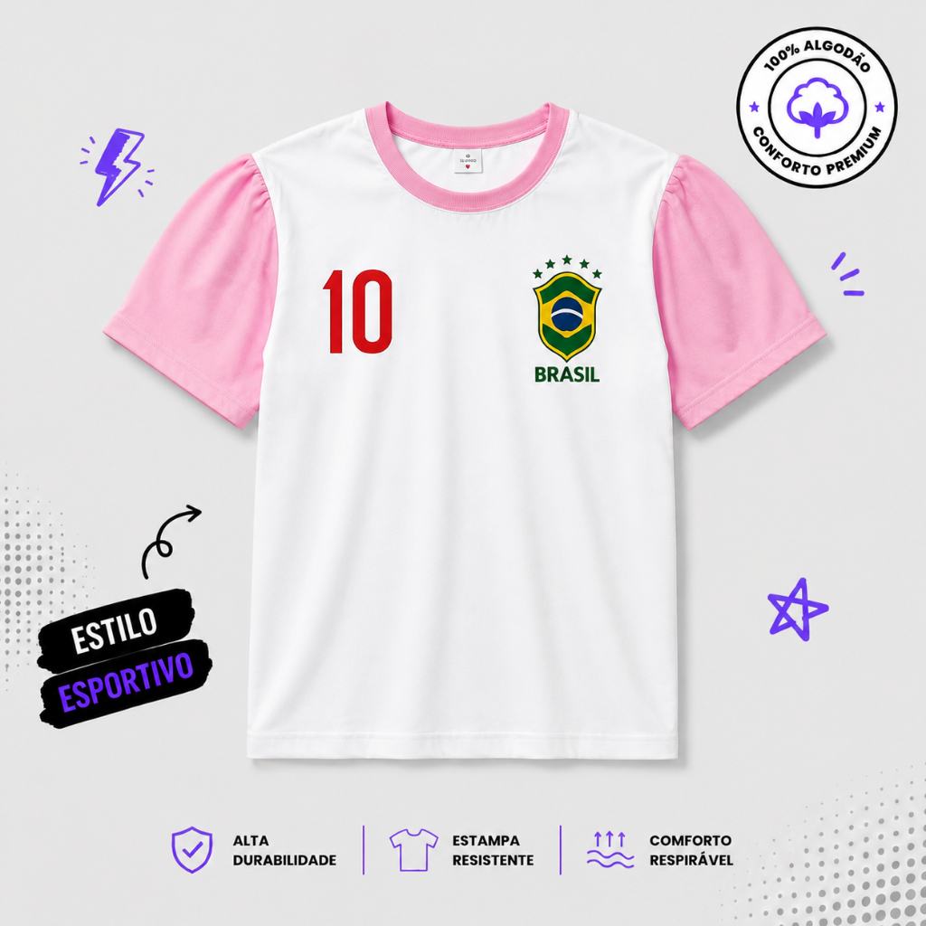 Camiseta Blusa Tshirt Feminina Menina Brasil Rosa Estilosa Ideal Presente Algodão Moda Confortável