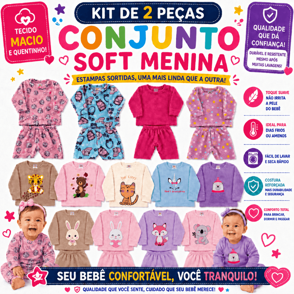 Conjunto em Soft para Bebê Menina  P ao 3 |Inverno Roupa Quentinha, Macia e Confortável Estampas Sortidas
