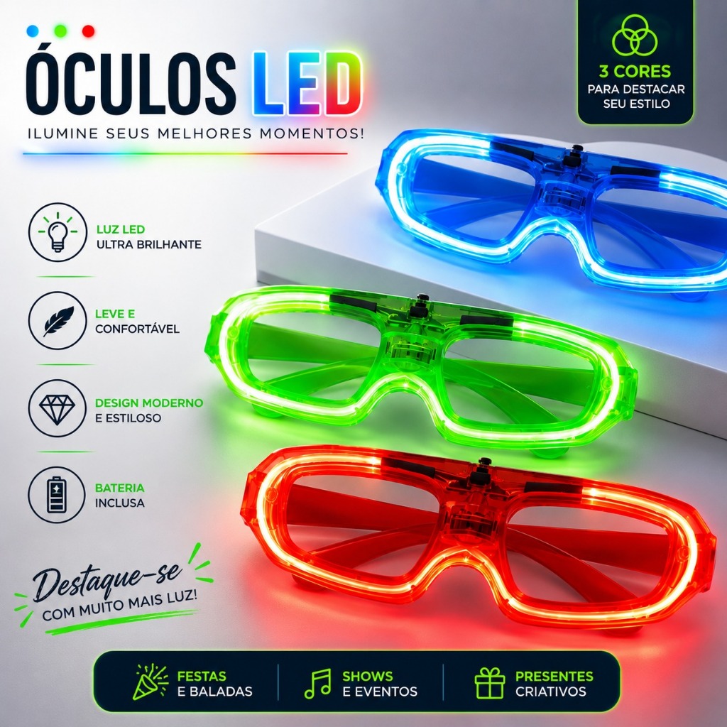 Kit 15 Óculos de Led Neon Pisca C/ 3 Modos Fluorescente Colorido P/ Festa Casamento Balada