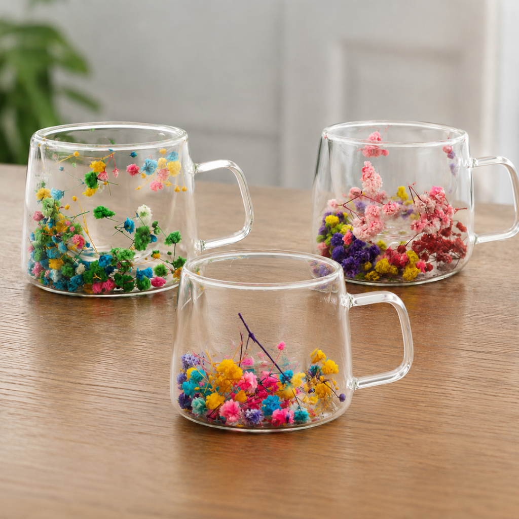Xícara Vidro Parede Dupla 110ml Flores Coloridas Térmica Alça Isolada Café Expresso Chá Cantinho do Café Decoração Prese