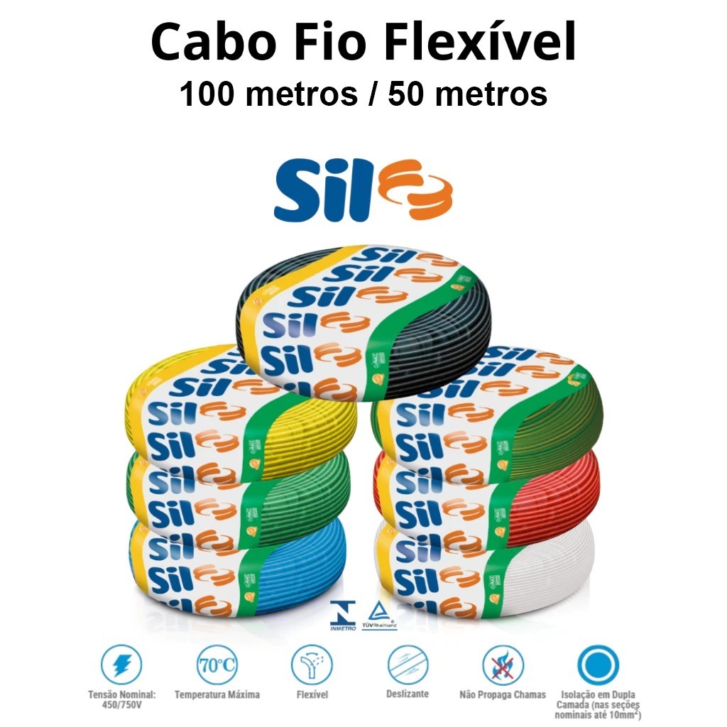 Cabo Flexível SIL 6,00mm Fio Elétrico Anti Chamas 750V Colorido 50 / 100 Metros