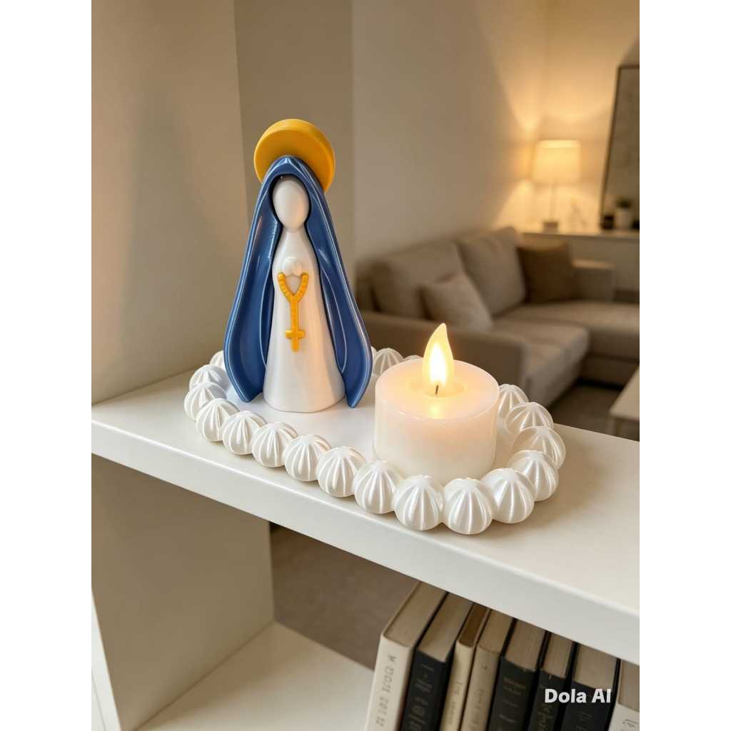 Kit Nossa Senhora com Vela LED  + Bandeja Estilo Terço – Mini  Altar Decorativo Religioso  | Imagem Católica para Lar