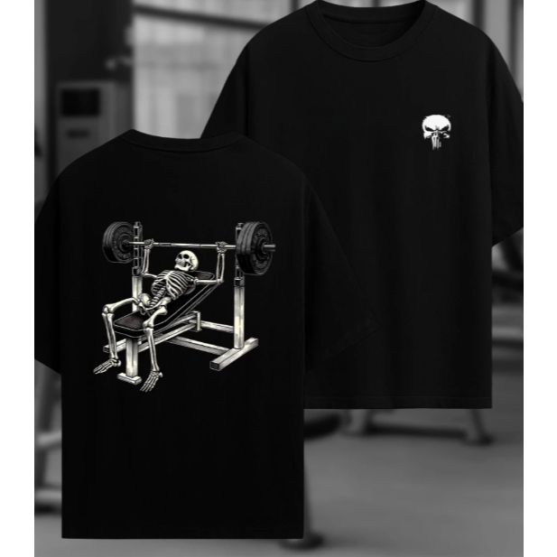 Camiseta Oversized  Básica Caveira Academia Estampa Esqueleto Supino Streetwear