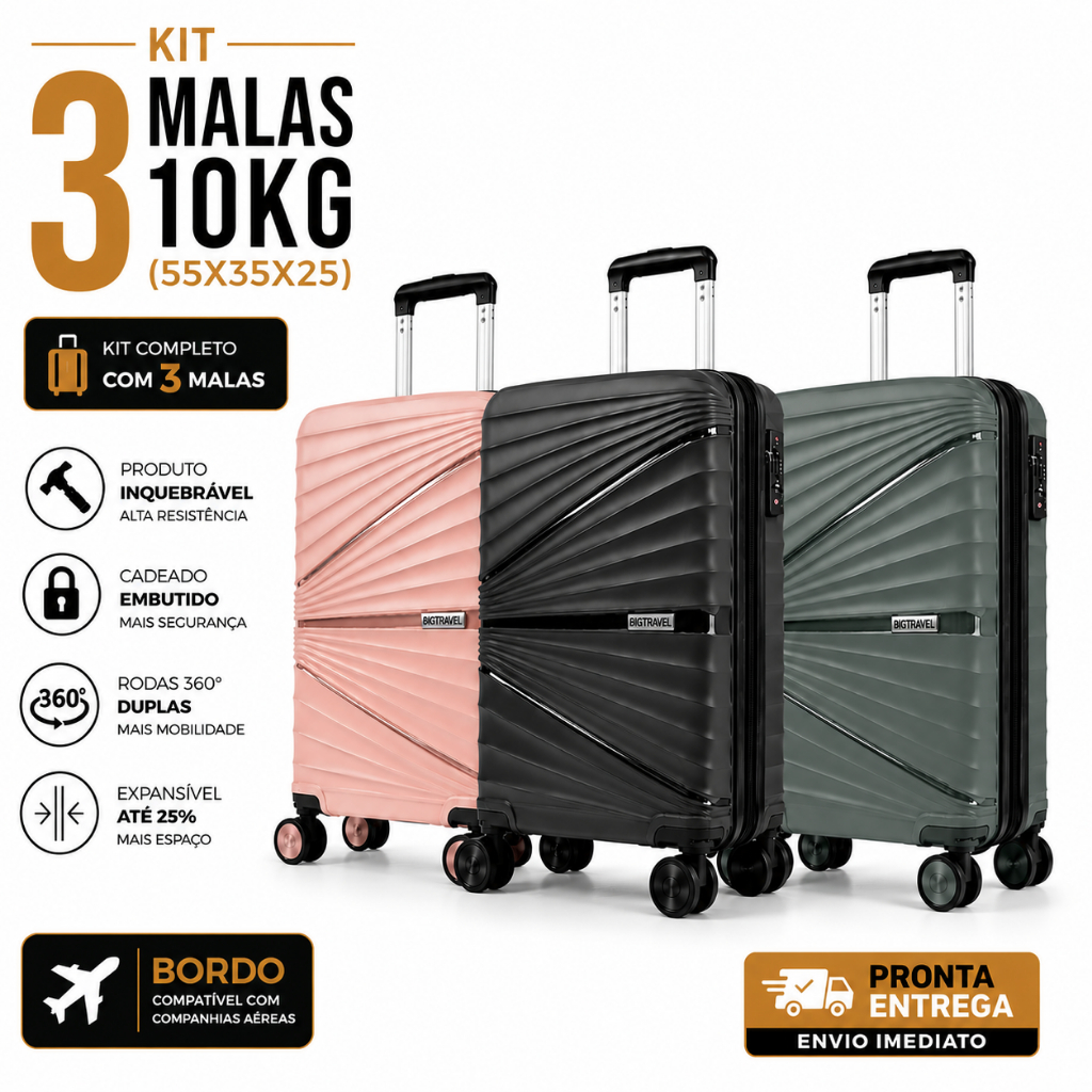 Kit 3 Malas 10Kg Viagem Bordo Cabine Avião Rodinhas Giratórias 360° Cadeado Anti-Furto