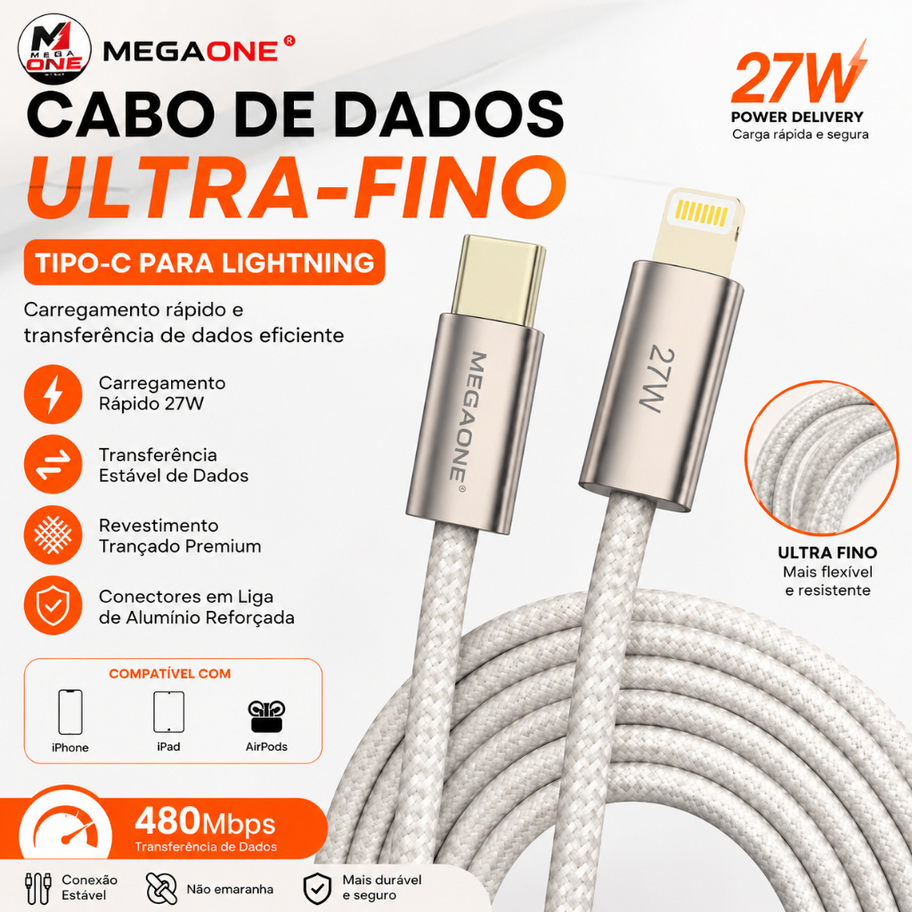 Cabo Turbo USB-C 240W e Lightning 27W  Carga Rápida para iPhone, Samsung e Noteb