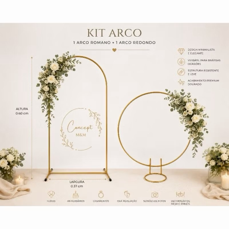 Kit Mini Arco Romano e Redondo Decorativo Dourado em Metal – Decoração para Festas