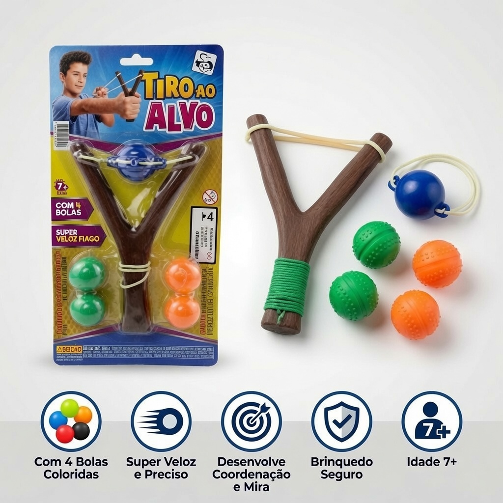 Estilingue Infantil Lança Alvo com 4 Bolas Brinquedo de Mira Coordenação Criança