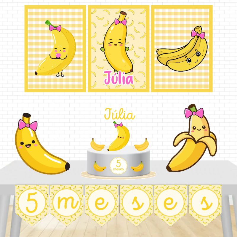 Kit Festa Só um Bolinho-Banana fofa-Decoração Aniversário/Mesversario infantil menina-Kit Personalizado completo Bananas