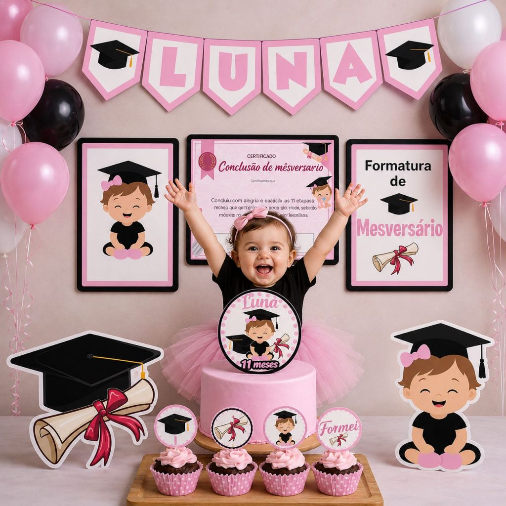 Kit Festa FORMATURA MESVERSARIO Personalizado Decoração Festa em Casa Topo de Bolo Bandeirinhas