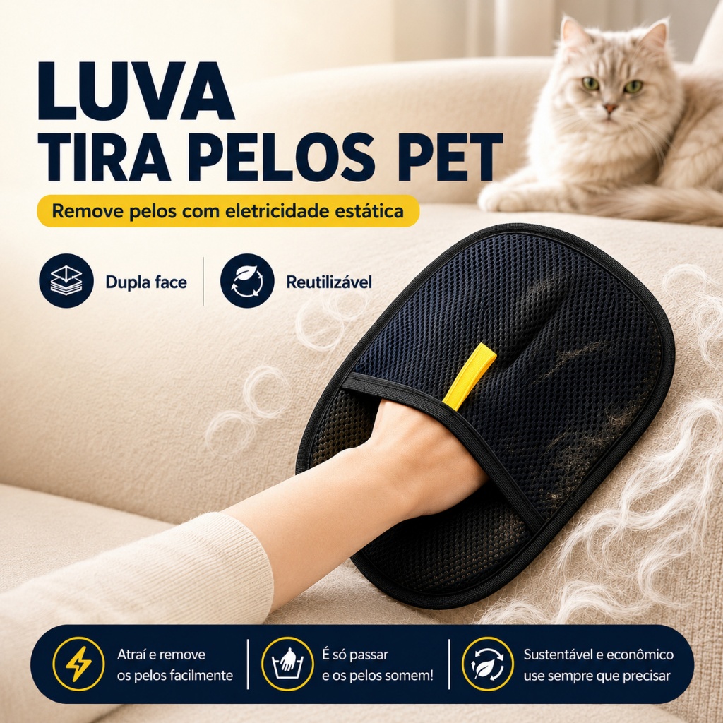 Luva Removedora de Pelos Pet Eletrostática Dupla Face, Reutilizável para Cães, Gatos, Sofá, Roupas, Cama e Estofados