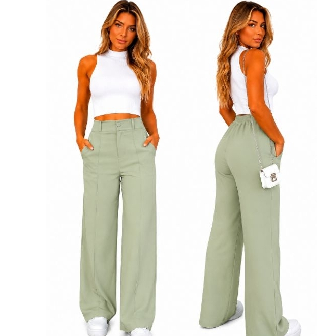 Calça Pantalona Wide Leg Feminina Duna Confortável Com Bolso e Botão