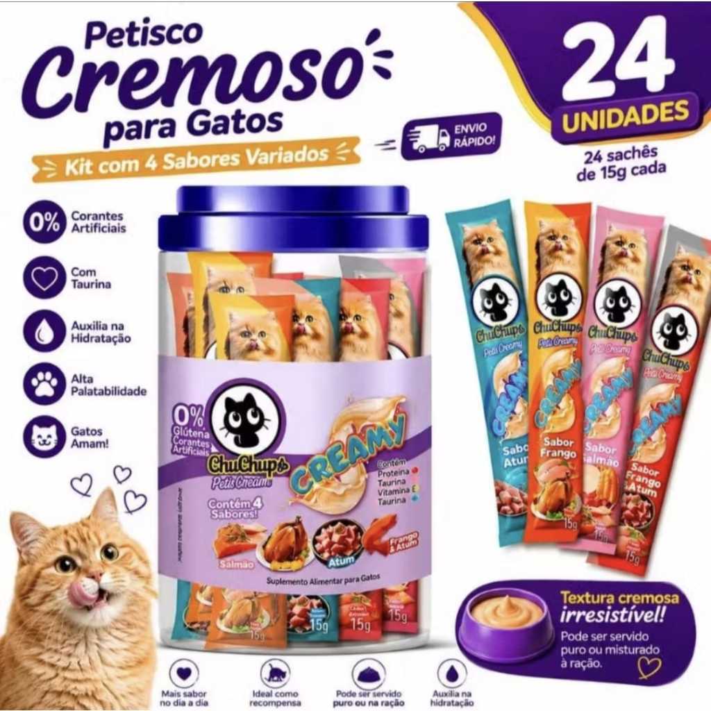 ChuChups Creamy 24 unidades Petisco Para Gatos 24 Sachê 15g cada Sabores Variados