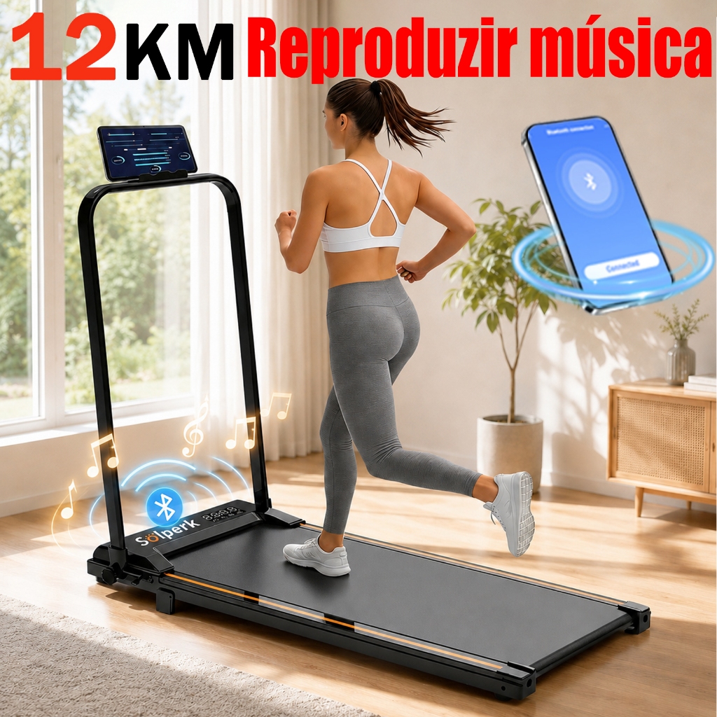 Esteira Ergométrica Elétrica 2.0HP Silenciosa Dobrável com Bluetooth 12km/h, Capacidade 120kg Uso Residencial