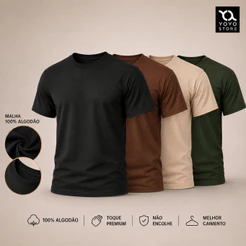 Kit 4 Camiseta Dia a Dia 100% Algodão Básica Premium Varias Cores Lisa Confortável Macia Leve Respirável P ao G3