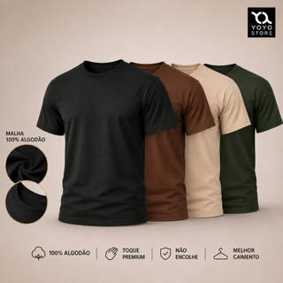 Kit 4 Camiseta Dia a Dia 100% Algodão Básica Premium Varias Cores Lisa Confortável Macia …
