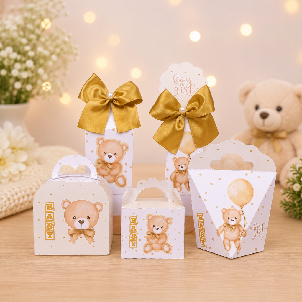 Kit Festa Chá Revelação Ursinho Dourado Personalizados  Caixinhas para Festa (PEGUE E MONTE)