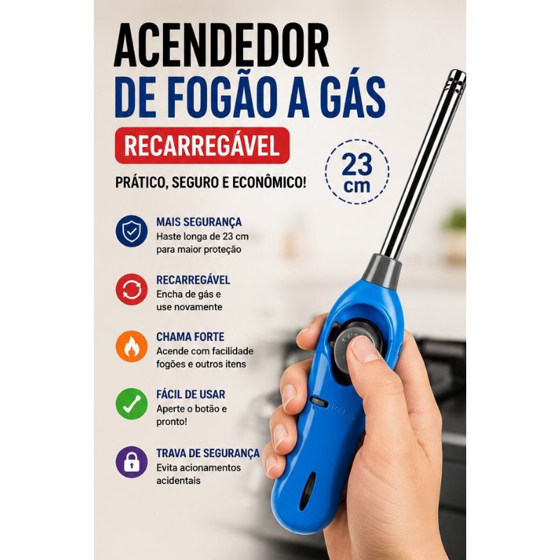 Imagem Acendedor de Fogão a Gás Recarregável 23 cm | Isqueiro para Fogão, Churrasqueira e Velas