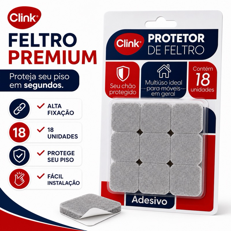 Protetor Feltro Adesivo Clink 18 Unidades 3x3cm Anti Risco para Piso Cadeira Mesa Sofá Móveis