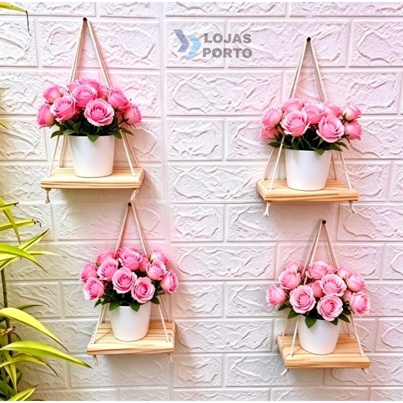 Kit 4 Prateleiras flutuante suspensa com cordas em madeira pinus 15 × 10 cm