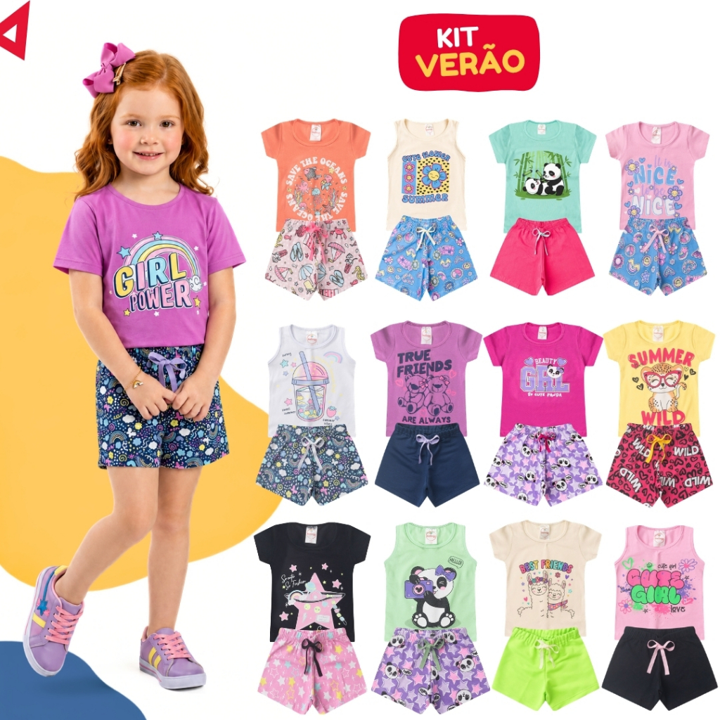 Kit 10 Peças Roupa Infantil Menina Conjunto Verão Feminino Sortido Cotton Algodão 1 ao 14 - 5 Blusas + 5 Shorts