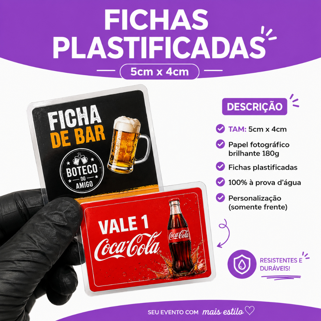 FICHAS DE BEBIDAS E COMIDAS PLASTIFICADAS | Ficha de Bar Personalizado