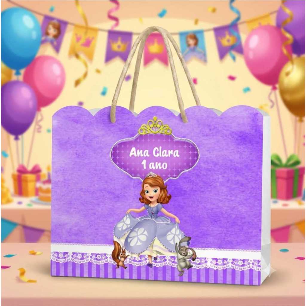 Sacolinha Ondulada Princesa Sofia Personalizada com Nome e Idade (20x15x5) PEGUE E MONTE Lembrancinha Kit Festa
