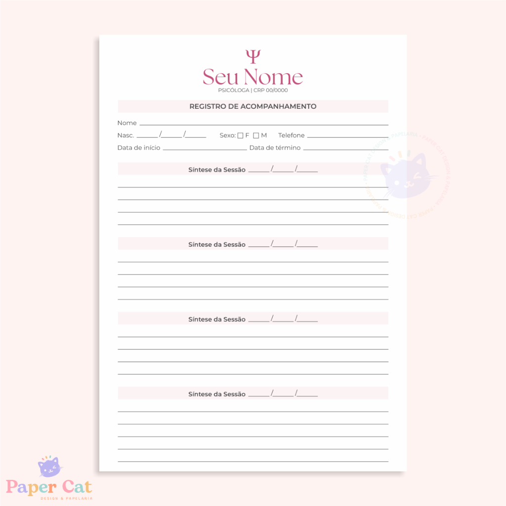 Bloco Registro de Acompanhamento | Psicologia | Personalizado | Tamanho A5 | 50 Folhas